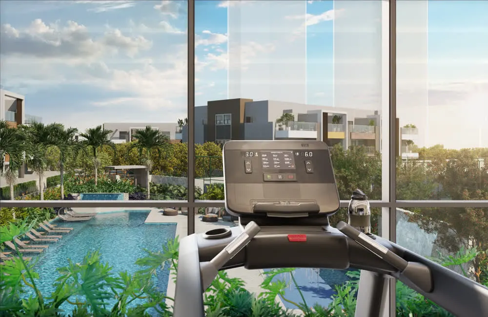 Perspectiva ilustrada do fitness com vista para a piscina