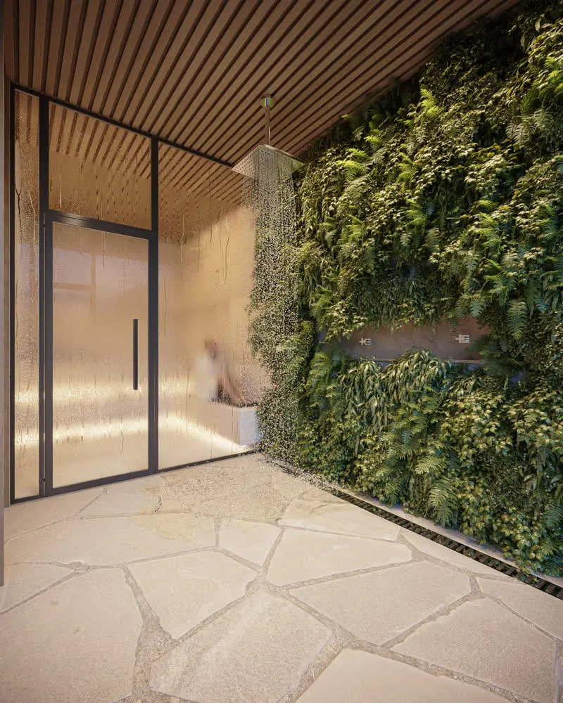 Perspectiva ilustrada da sauna e duchas